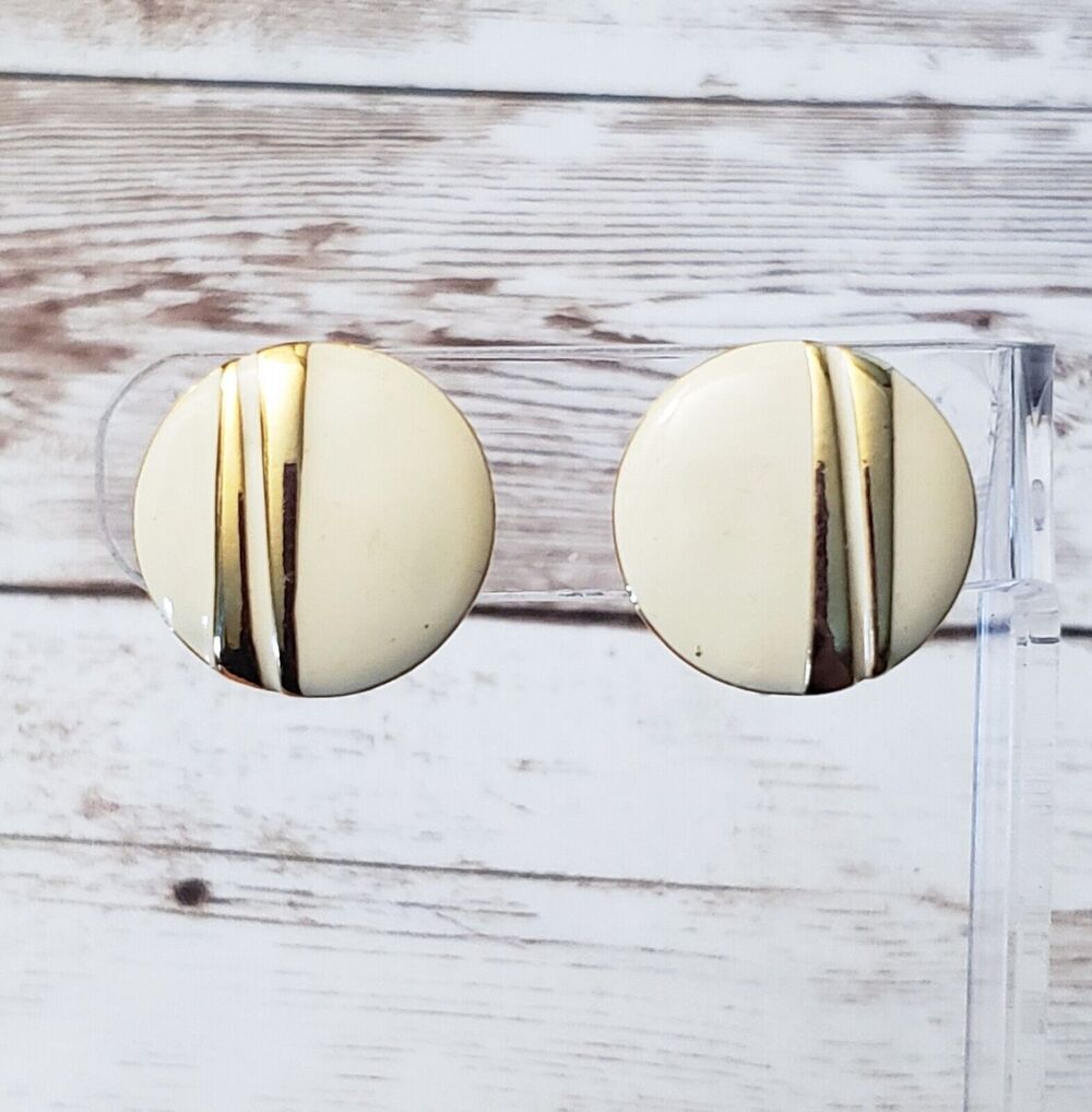 Vintage Clip On Earrings - Cream with Gold Tone Lines 7/8"
